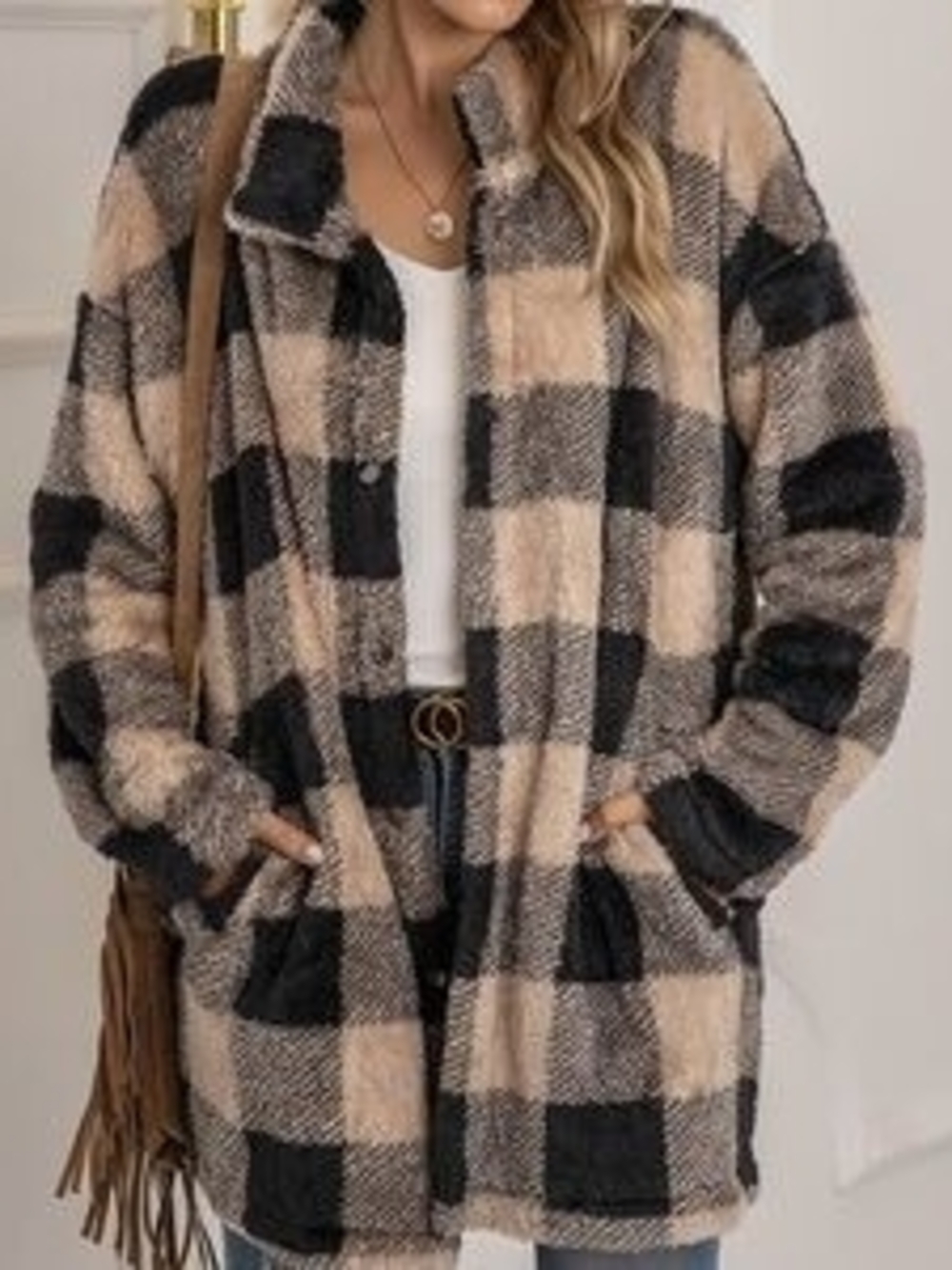 Coeur De Vague Plaid Sherpa Coatigan - Black & Cream With Pockets